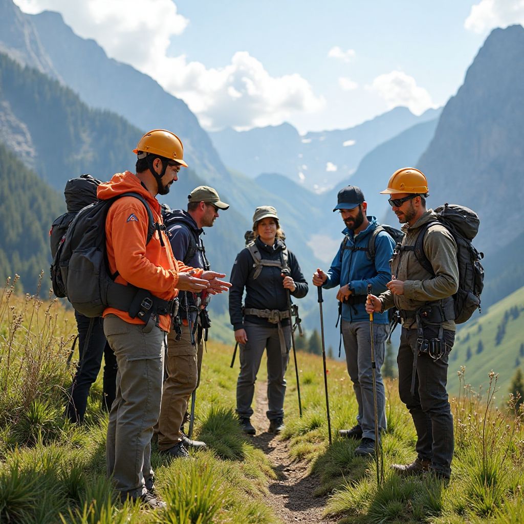 Guida alpina che insegna tecniche di sicurezza a un gruppo