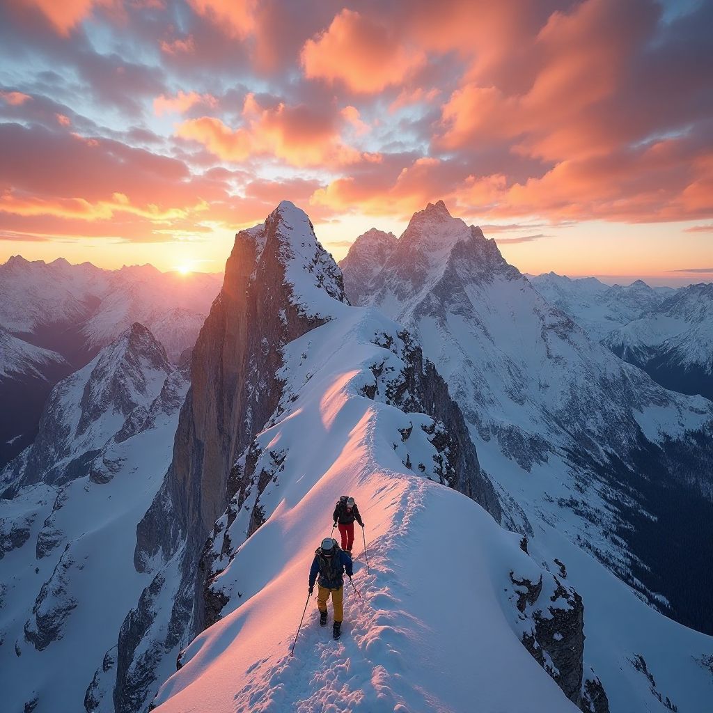 Alpinisti sulla cresta di una montagna all'alba