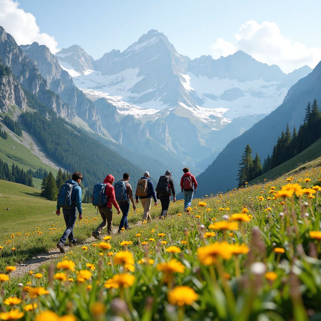 Gruppo in escursione attraverso un prato alpino