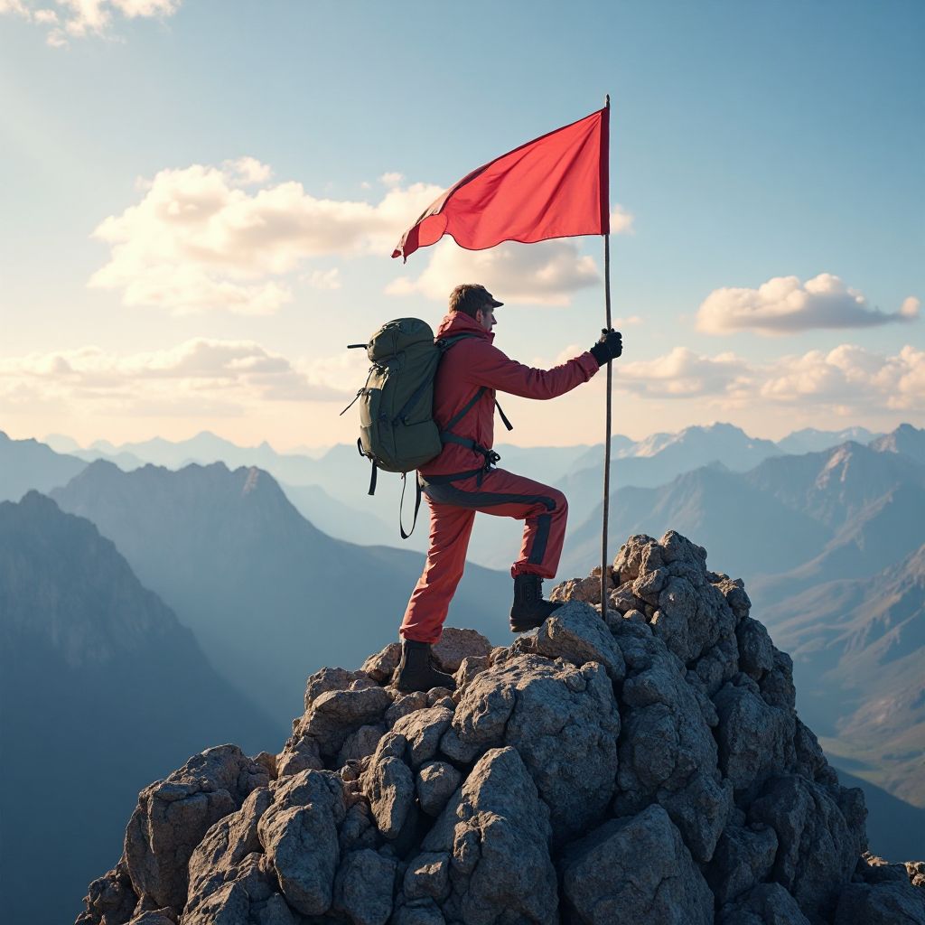 Alpinista in cima a una vetta con bandiera