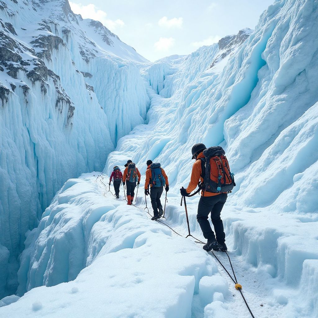 Attraversamento di un ghiacciaio con crepacci
