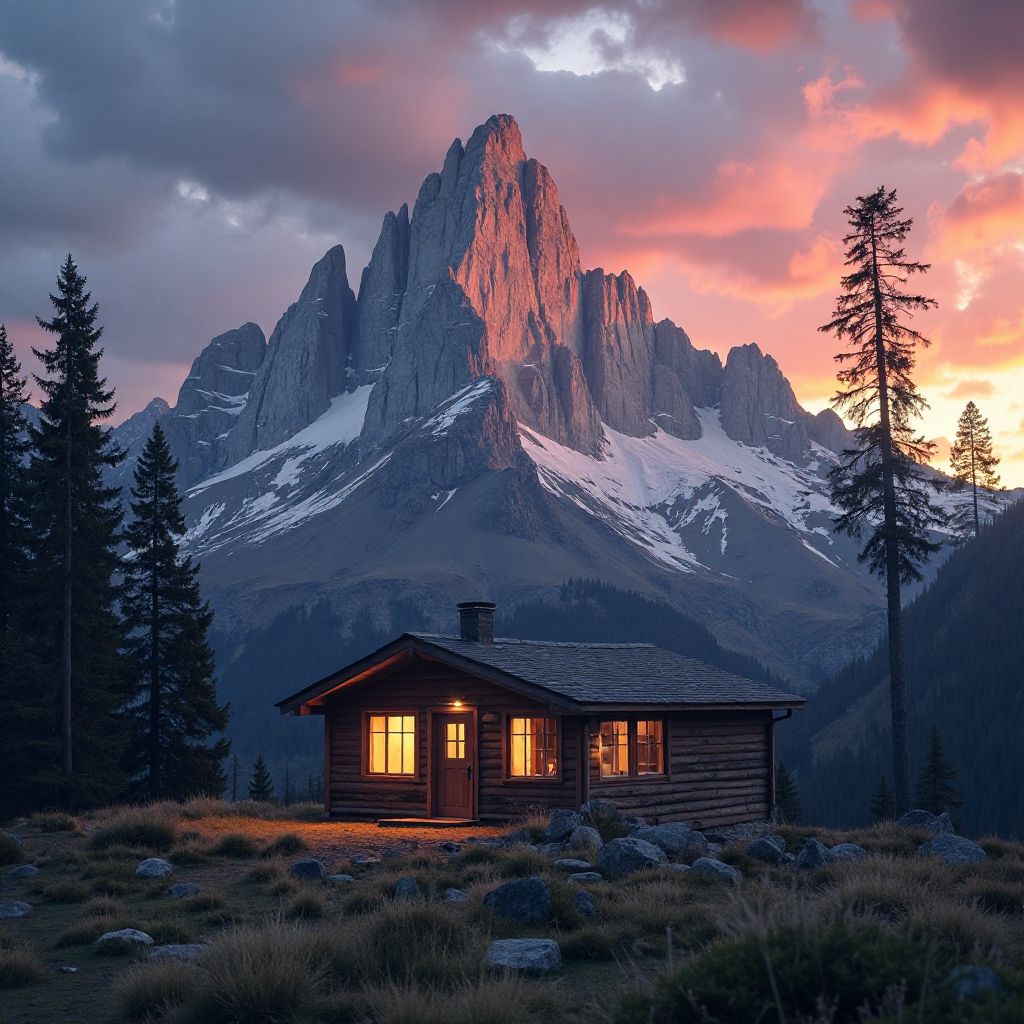 Rifugio di montagna al tramonto